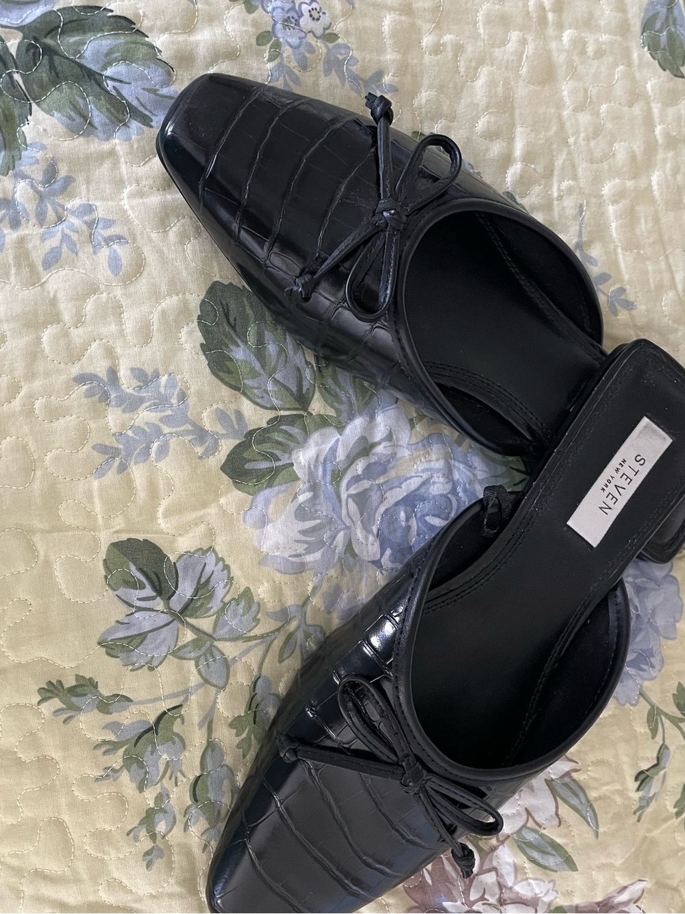 Steven New York Black Croc-Embossed Bow Slip-On Mules